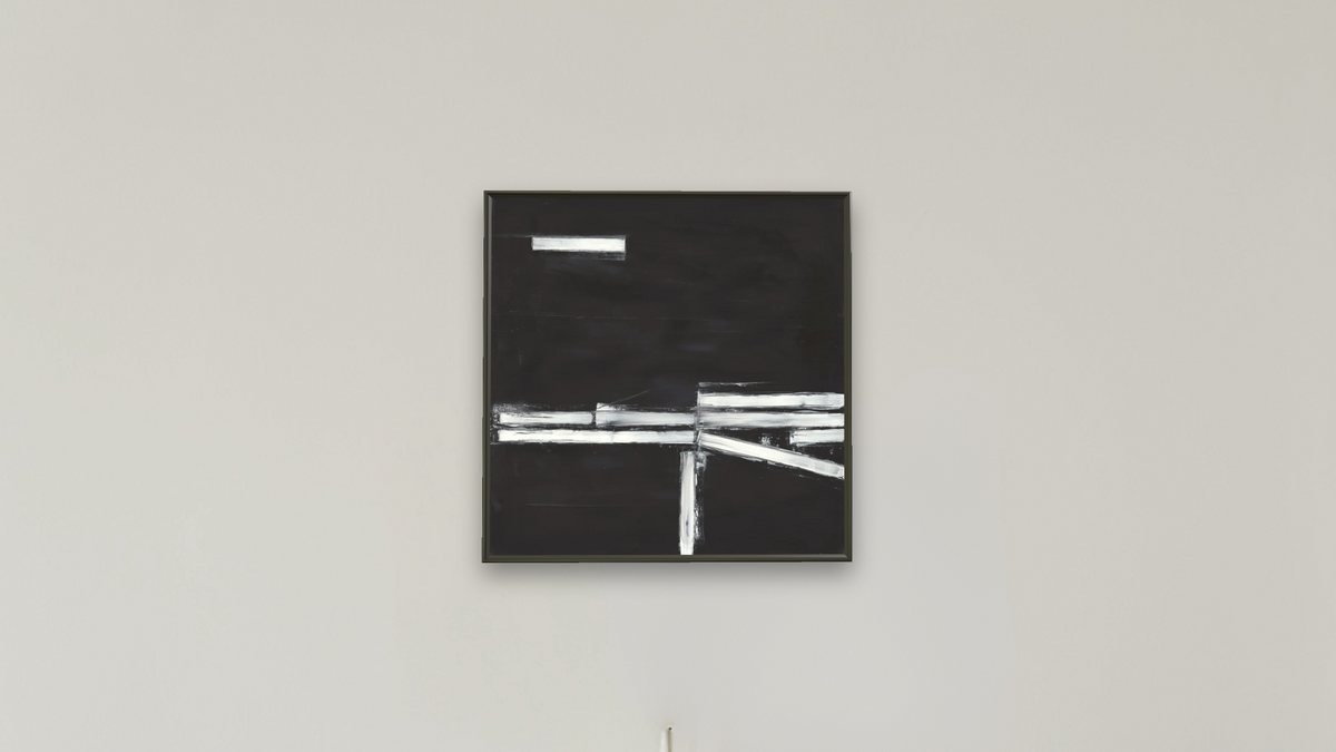LS No. 243 by Brandon McKenzie, shown at 32 × 32 in (81.3 × 81.3 cm) on canvas in Ramino Satin Black, boardroom