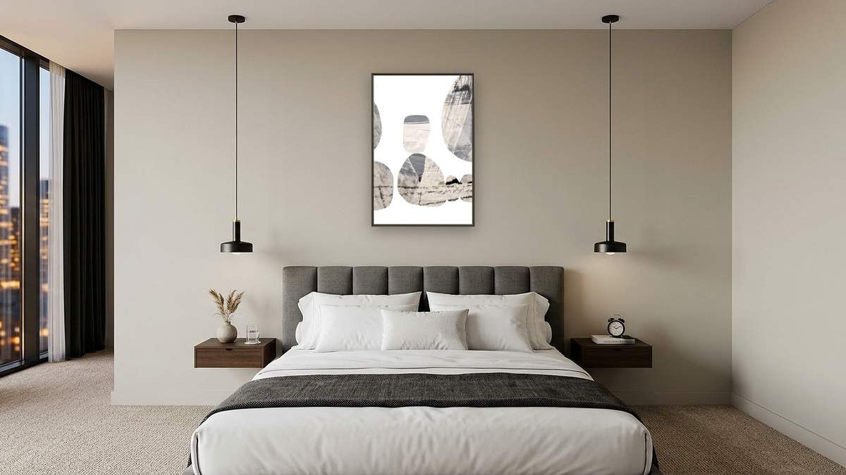Resin by Dan Hobday, shown at 28 × 42 in (71.1 × 106.7 cm) on canvas in Ramino Satin Black, hotel guest room