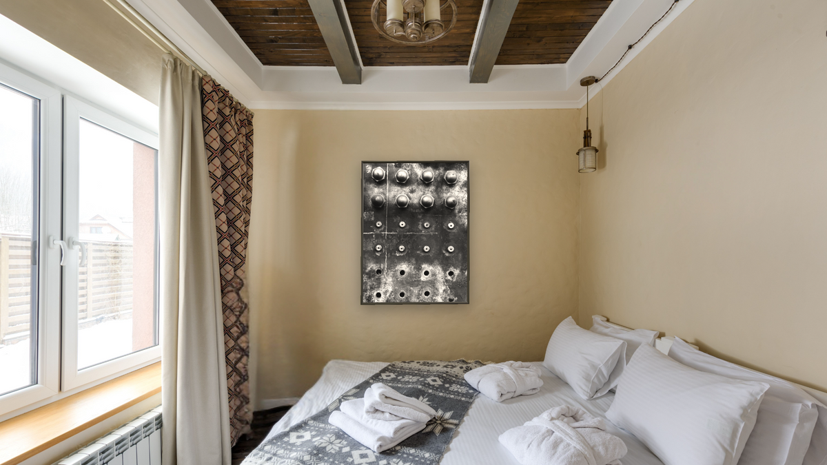Firebox Sheet #1, C&TS #484 by Gordon Osmundson, shown at 30 × 40 in (76.2 × 101.6 cm) on canvas in Ramino Satin Black, hotel guest room