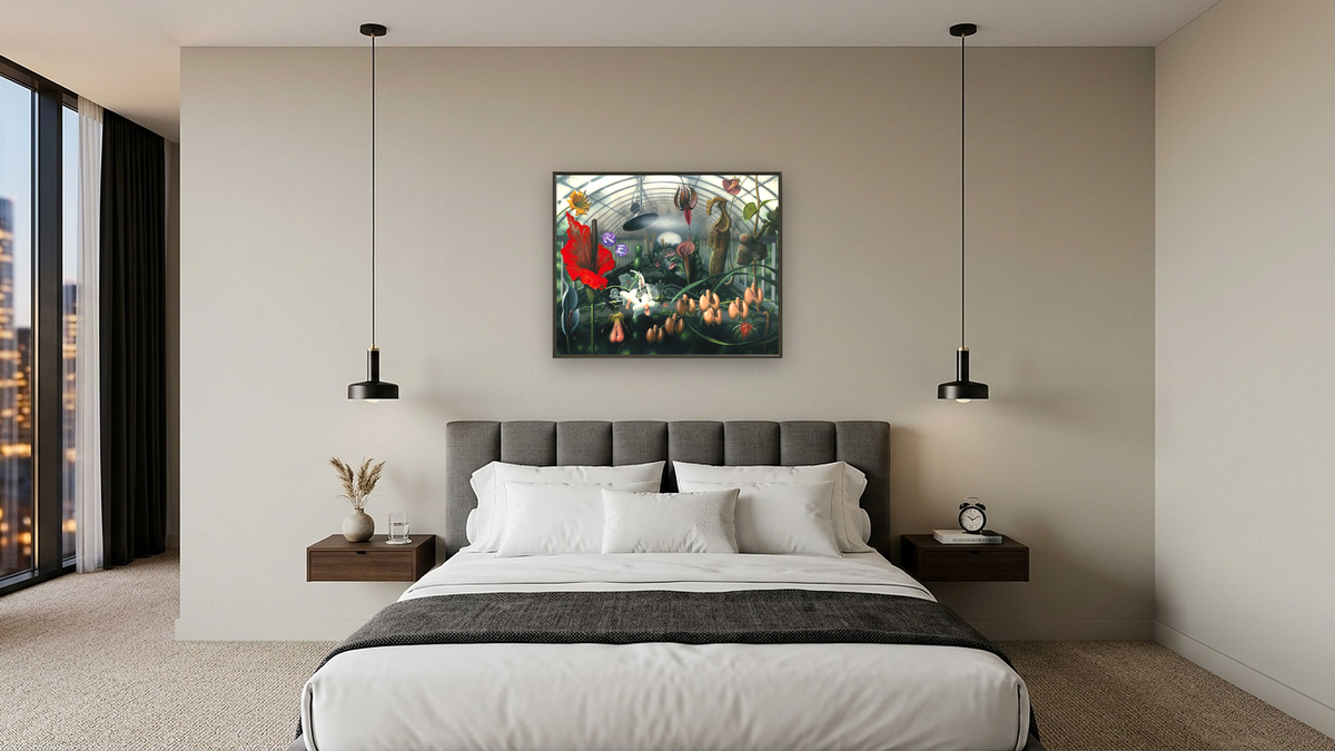 Hot House by Alexis Rockman, shown at 32 × 40 in (81.3 × 101.6 cm) on canvas in Ramino Satin Black, hotel guest room