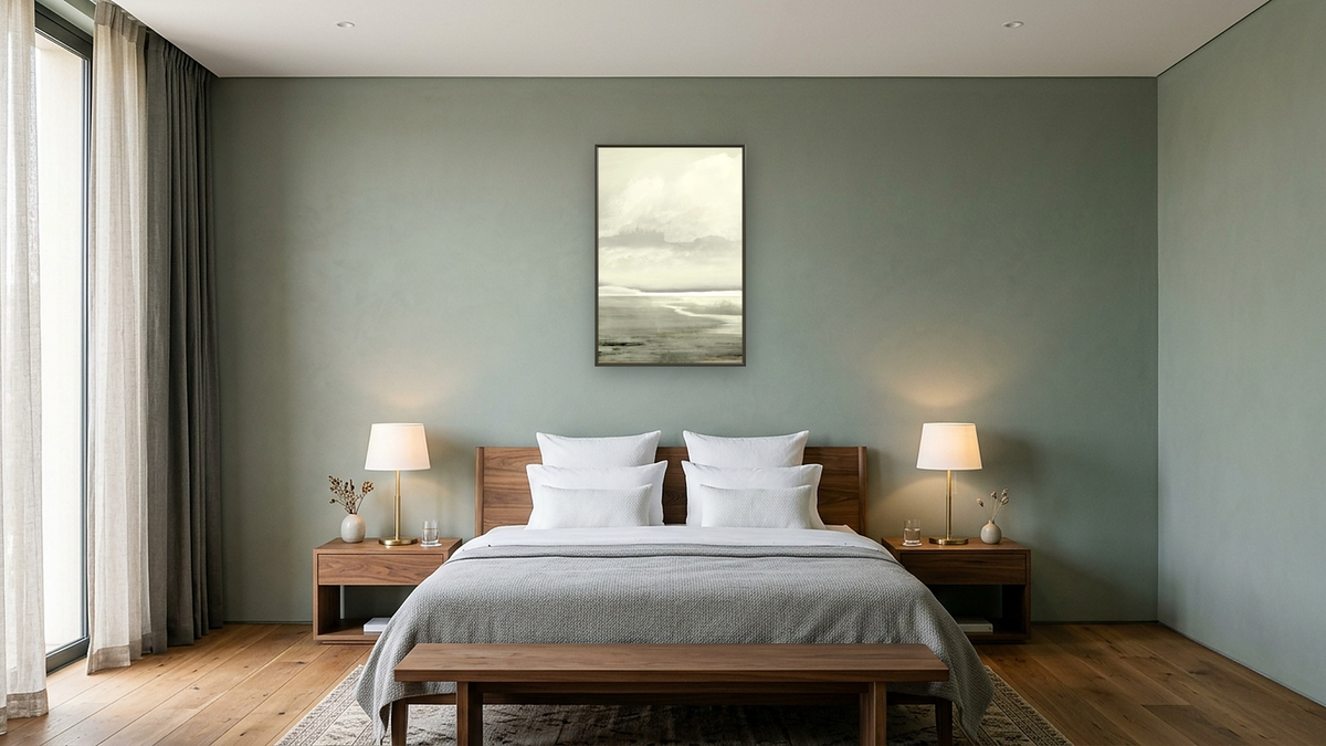 Lakes 1 by Dan Hobday, shown at 28 × 42 in (71.1 × 106.7 cm) on canvas in Ramino Satin Black, hotel guest room