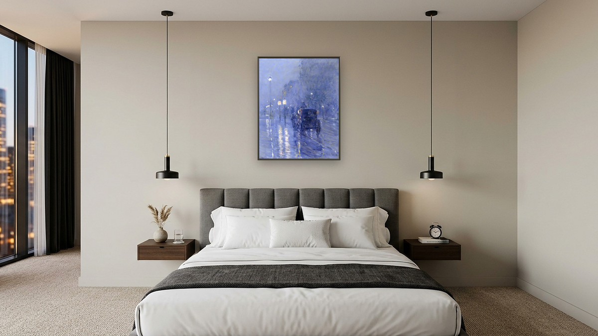 Rainy Midnight by Childe Hassam, shown at 32 × 40 in (81.3 × 101.6 cm) on canvas in Ramino Satin Black, hotel guest room