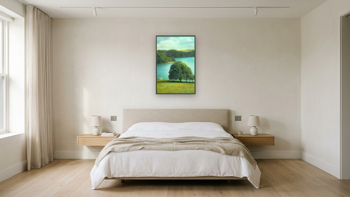 Cornwall by Kirsten Söderlind, shown at 28 × 42 in (71.1 × 106.7 cm) on canvas in Ramino Satin Black, hotel guest room