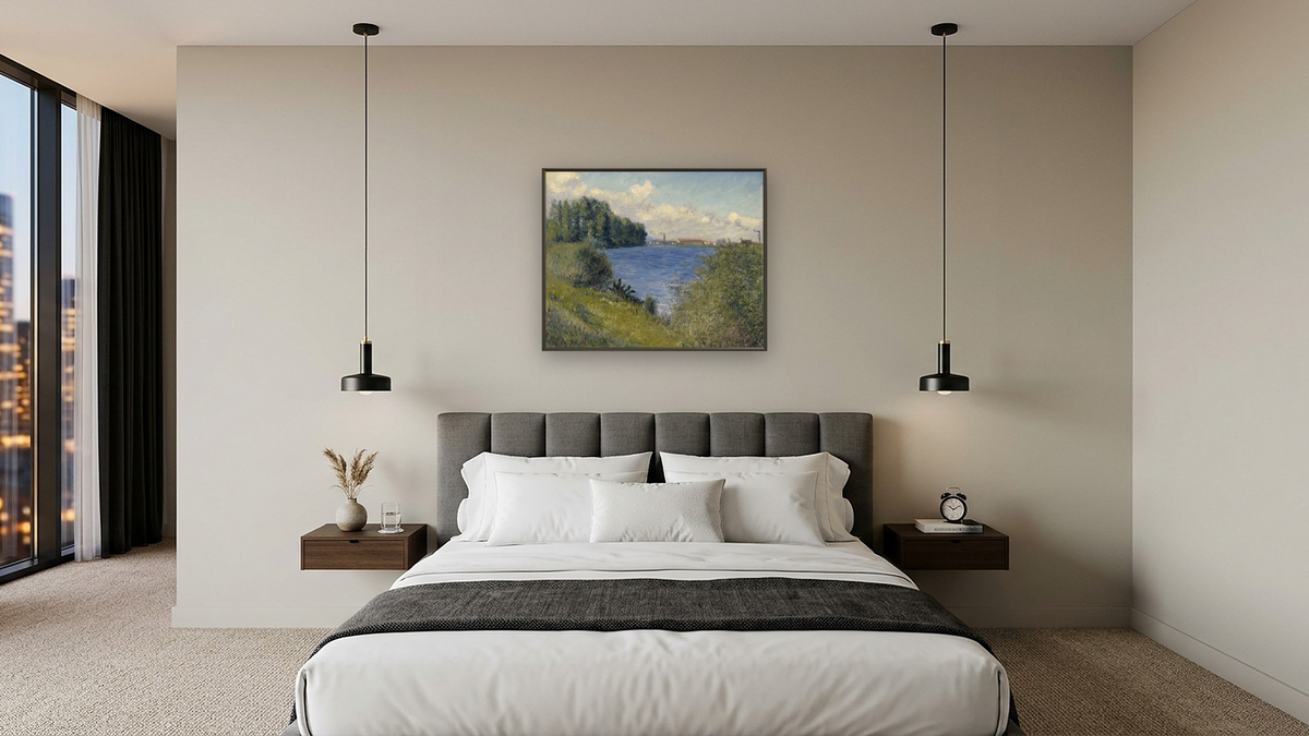The Seine at Argenteuil, c. 1892 by Gustave Caillebotte, shown at 32 × 40 in (81.3 × 101.6 cm) on canvas in Ramino Satin Black, hotel guest room