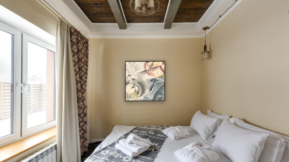 Cheese and More Cheese, shown at 32 × 32 in (81.3 × 81.3 cm) on canvas in Ramino Satin Black, hotel guest room