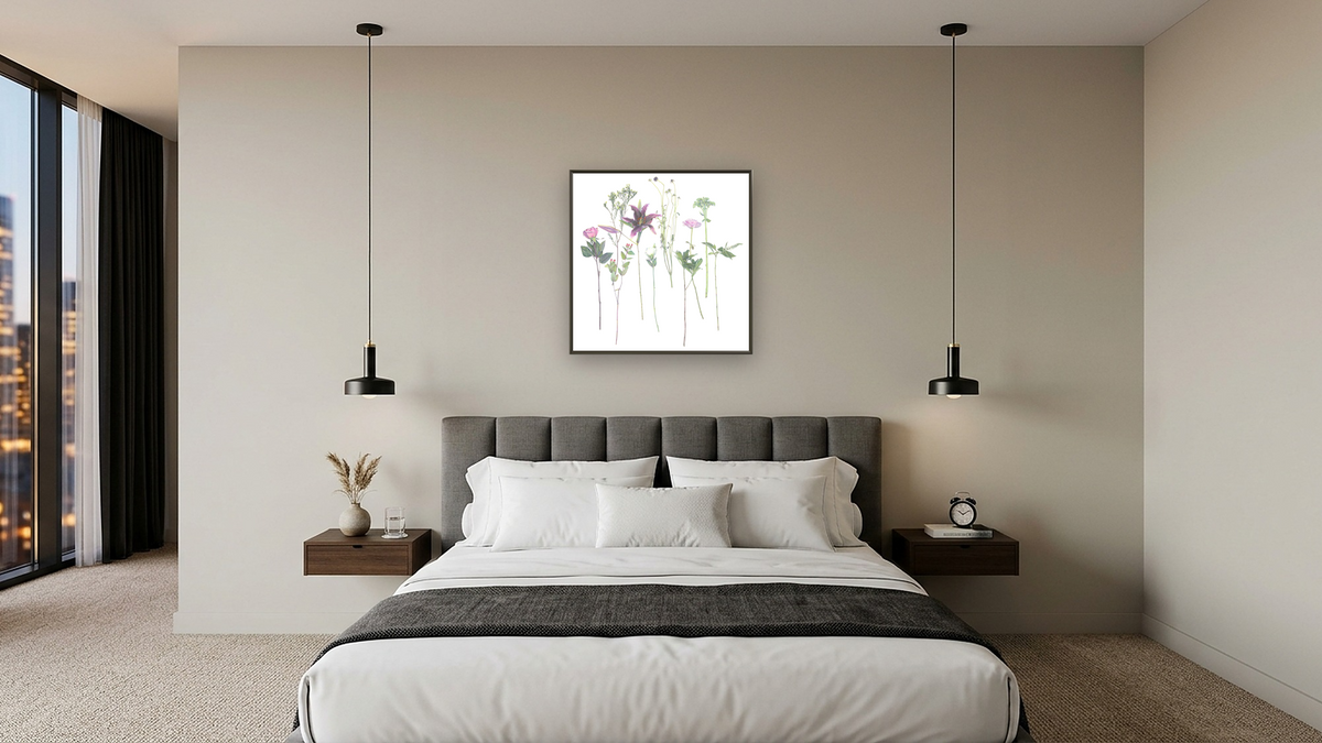Wild Flower Arrangement by Kirsten Söderlind, shown at 32 × 32 in (81.3 × 81.3 cm) on canvas in Ramino Satin Black, hotel guest room