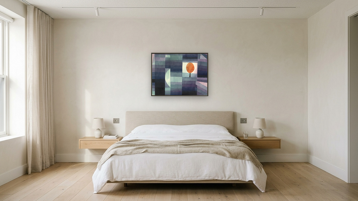 The Harbinger of Autumn [green/violet gradation with orange accent] by Paul Klee, shown at 30 × 40 in (76.2 × 101.6 cm) on canvas in Ramino Satin Black, hotel guest room