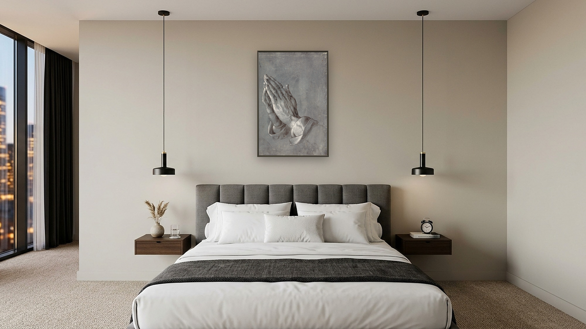 Praying Hands by Albrecht Dürer, shown at 28 × 42 in (71.1 × 106.7 cm) on canvas in Ramino Satin Black, hotel guest room