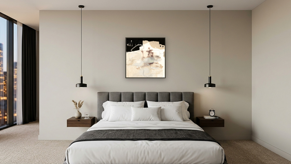 Workshop 2 by Dan Hobday, shown at 32 × 32 in (81.3 × 81.3 cm) on canvas in Ramino Satin Black, hotel guest room