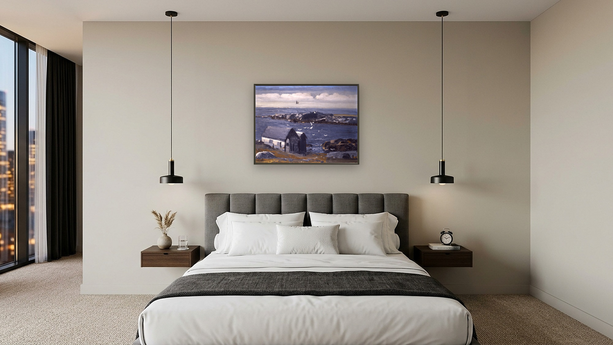 The Gulls, Monhegan by George Bellows, shown at 30 × 40 in (76.2 × 101.6 cm) on canvas in Ramino Satin Black, hotel guest room