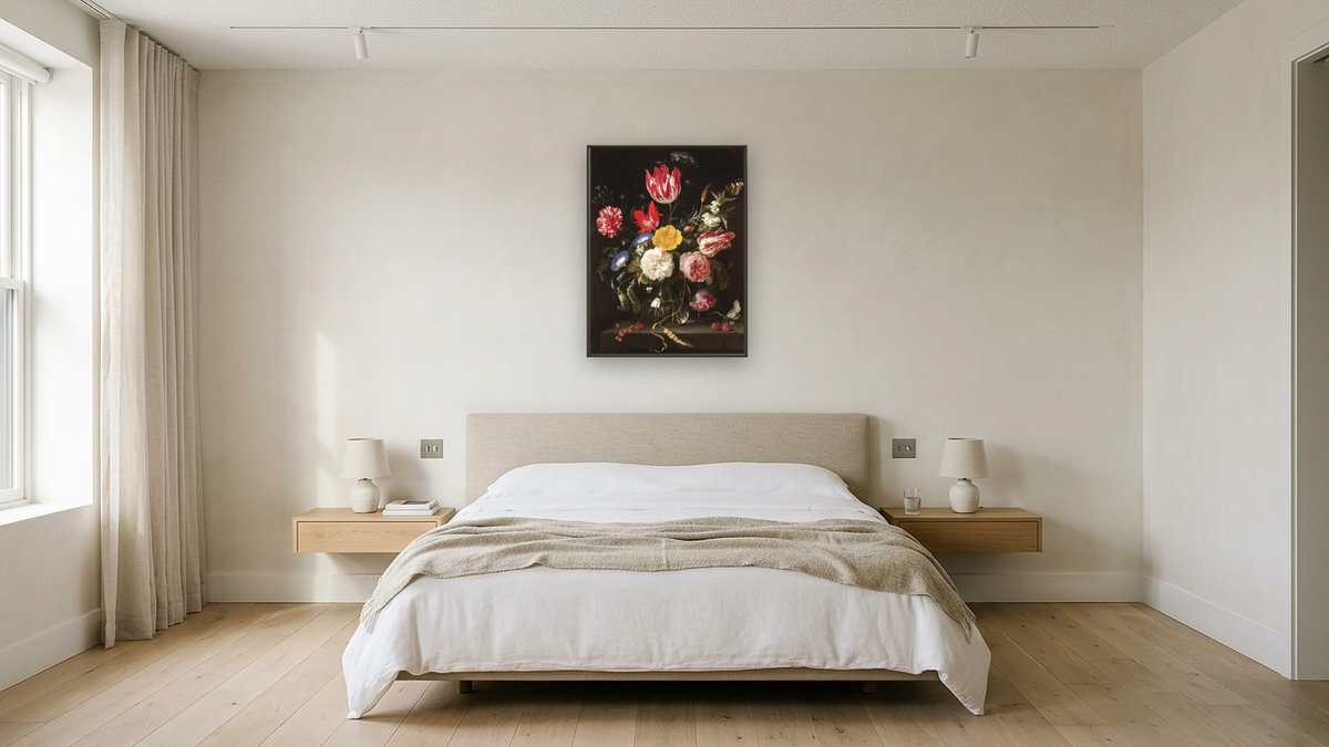 Glass Vase with Flowers on Stone Ledge, 1655-60 by Jan Davidsz de Heem, shown at 30 × 40 in (76.2 × 101.6 cm) on canvas in Ramino Satin Black, hotel guest room