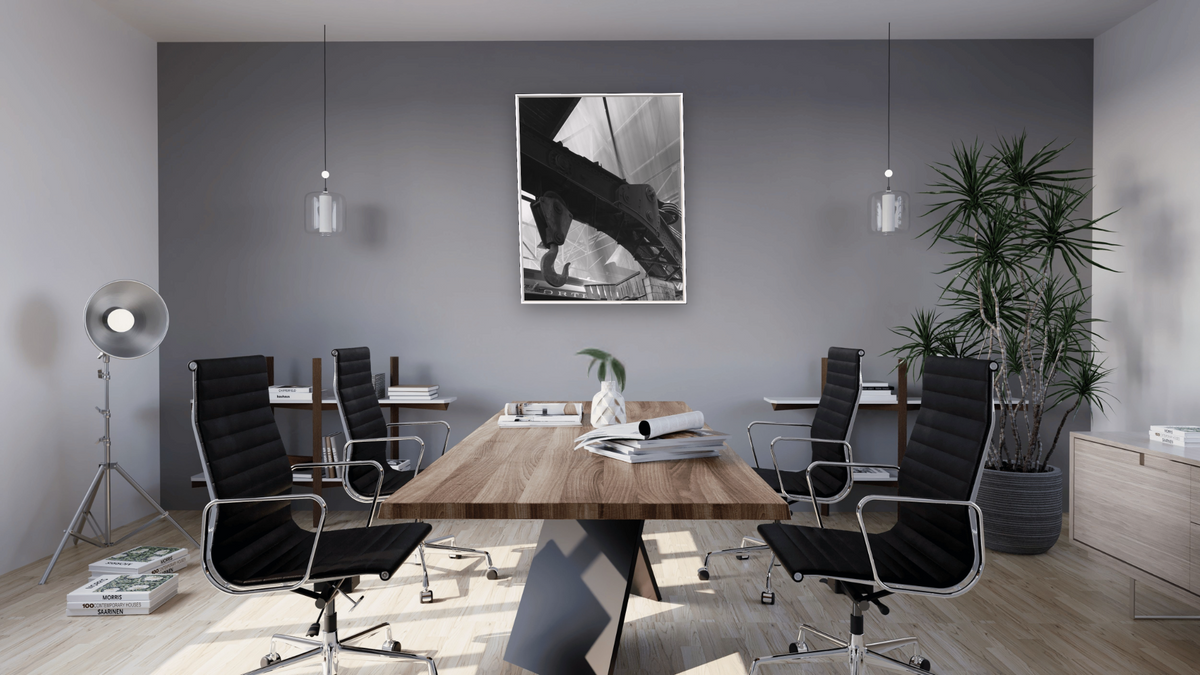 Hook & Boom from the Nevada Northern Series by Gordon Osmundson, shown at 32 × 40 in (81.3 × 101.6 cm) on canvas in Ramino Satin Black, boardroom
