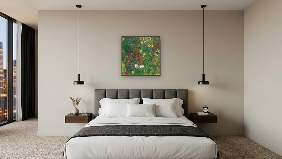 Farm Garden with Flowers (Brewery Garden at Litzlberg on the Attersee) by Gustav Klimt, shown at 32 × 32 in (81.3 × 81.3 cm) on canvas in Ramino Satin Black, hotel guest room