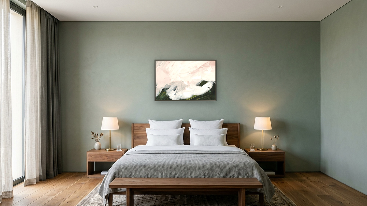 Blush Lush by Dan Hobday, shown at 28 × 42 in (71.1 × 106.7 cm) on canvas in Ramino Satin Black, hotel guest room