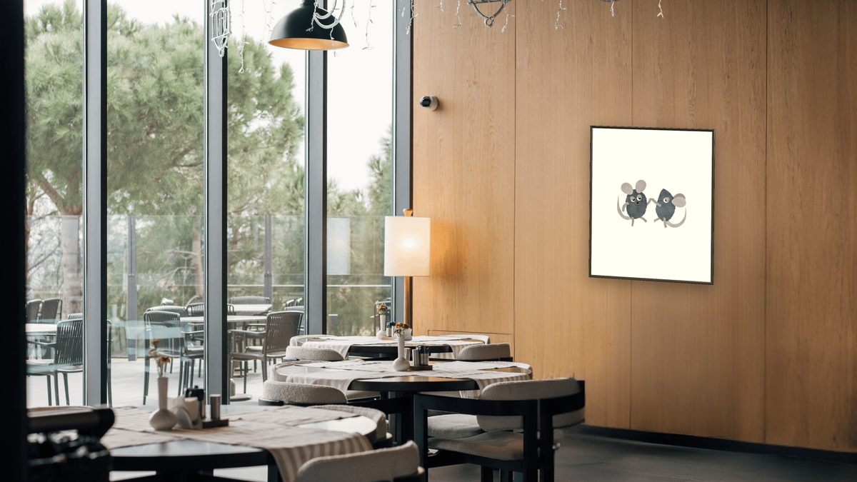 Alexander and the Wind-Up Mouse XV by Leo Lionni, shown at 32 × 40 in (81.3 × 101.6 cm) on canvas in Ramino Satin Black, restaurant