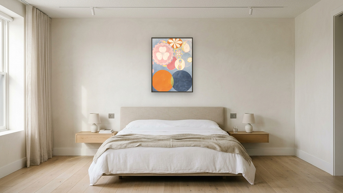 Group IV, The Ten Largest, No. 2, Childhood by Hilma af Klint, shown at 30 × 40 in (76.2 × 101.6 cm) on canvas in Ramino Satin Black, hotel guest room