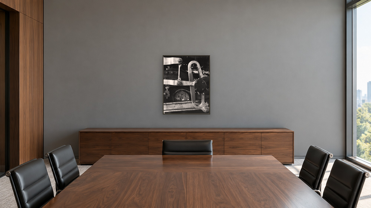 UP 3985 from the Railroad Series by Gordon Osmundson, shown at 32 × 40 in (81.3 × 101.6 cm) on canvas in Ramino Satin Black, boardroom