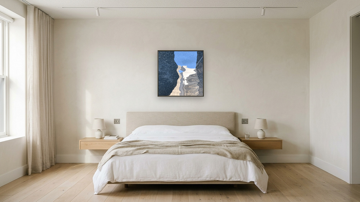 Let's Be Together by Judith Rayl, shown at 32 × 32 in (81.3 × 81.3 cm) on canvas in Ramino Satin Black, hotel guest room