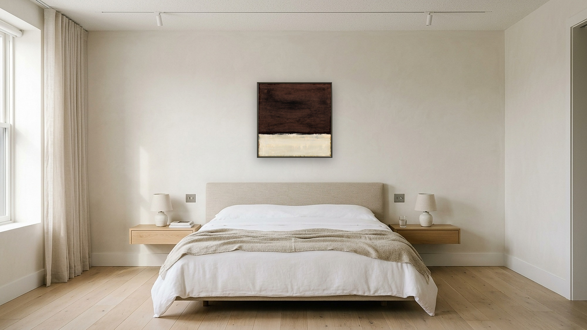 Night by Dan Hobday, shown at 32 × 32 in (81.3 × 81.3 cm) on canvas in Ramino Satin Black, hotel guest room