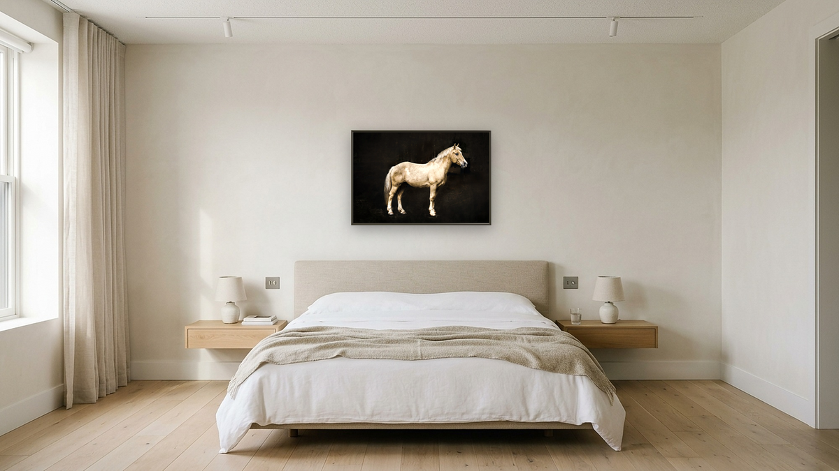 Sir. Stewie by Brandon Luther, shown at 28 × 42 in (71.1 × 106.7 cm) on canvas in Ramino Satin Black, hotel guest room