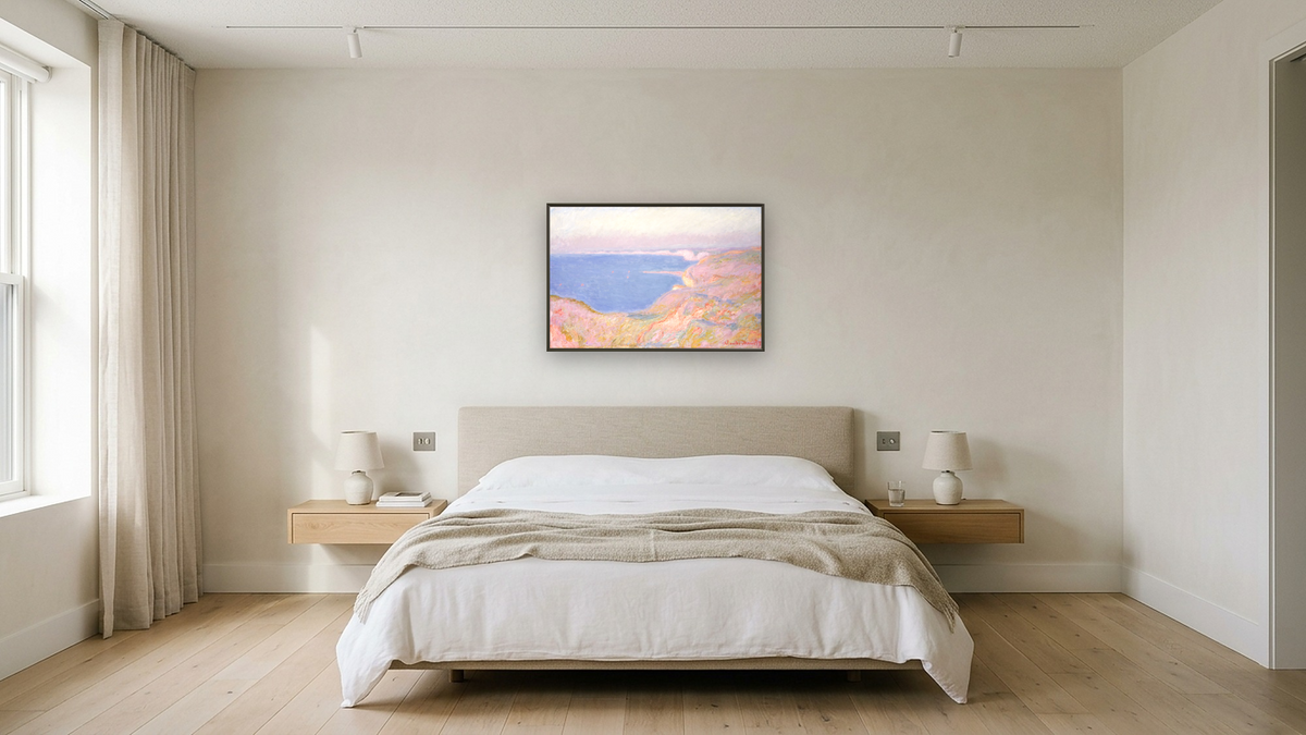 On The Cliffs Near Dieppe, Sunset by Claude Monet, shown at 28 × 42 in (71.1 × 106.7 cm) on canvas in Ramino Satin Black, hotel guest room