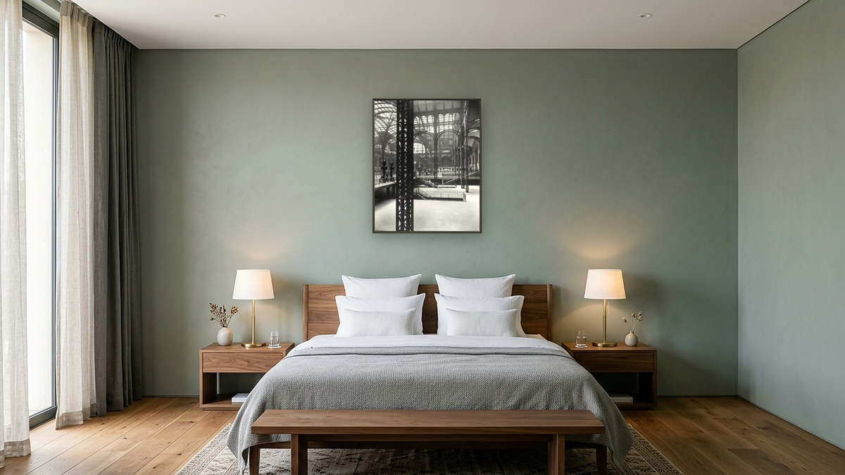 Penn Station, Interior, Manhattan by Berenice Abbott, shown at 32 × 40 in (81.3 × 101.6 cm) on canvas in Ramino Satin Black, hotel guest room