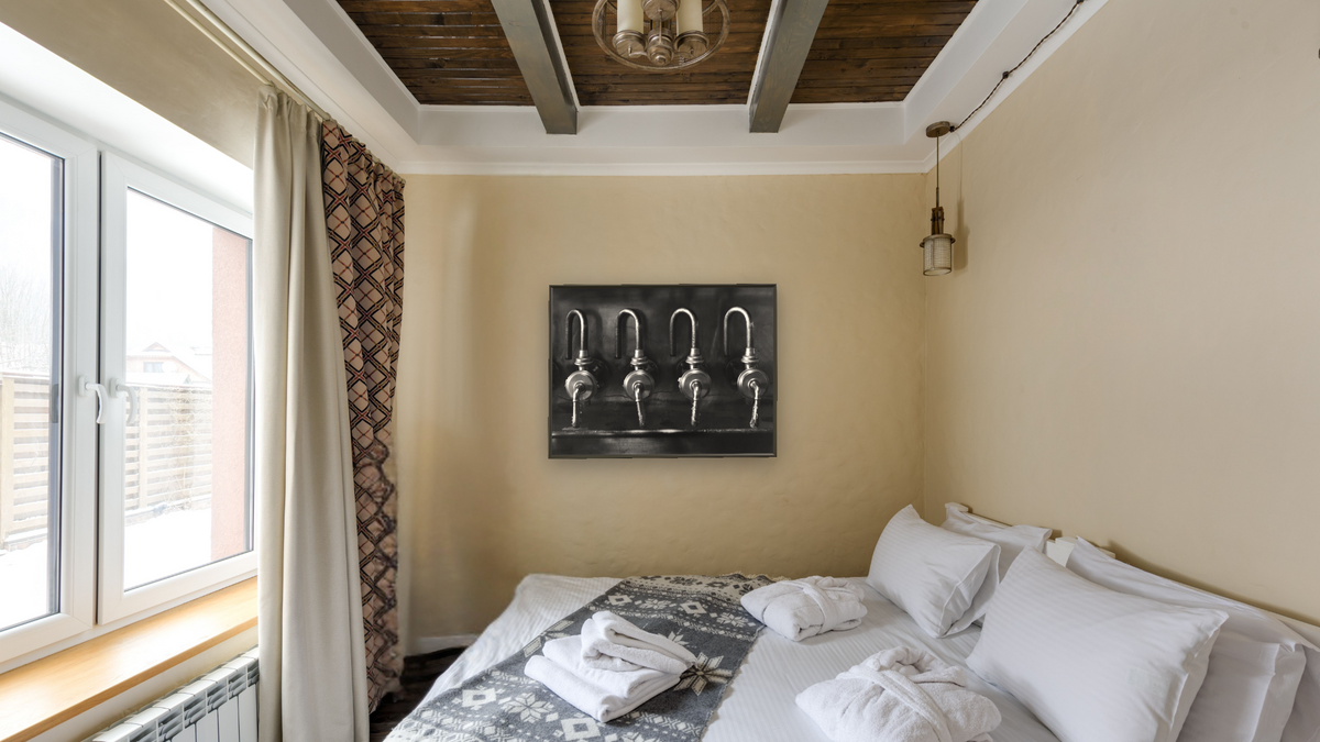 Anchor Steam #3 by Gordon Osmundson, shown at 30 × 40 in (76.2 × 101.6 cm) on canvas in Ramino Satin Black, hotel guest room