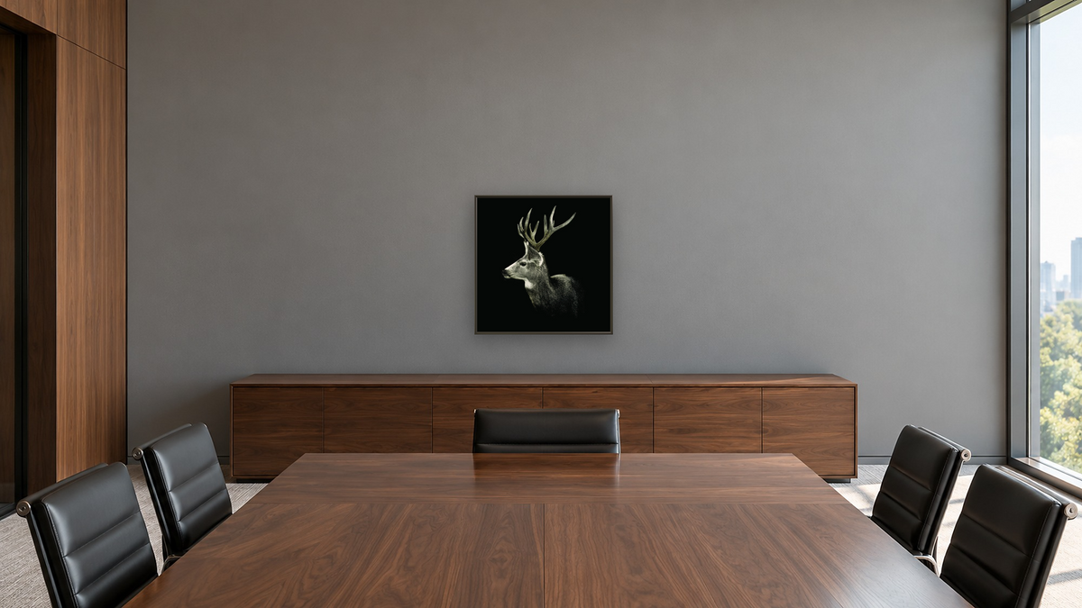 Mule Deer on Black by Brandon Luther, shown at 32 × 32 in (81.3 × 81.3 cm) on canvas in Ramino Satin Black, boardroom