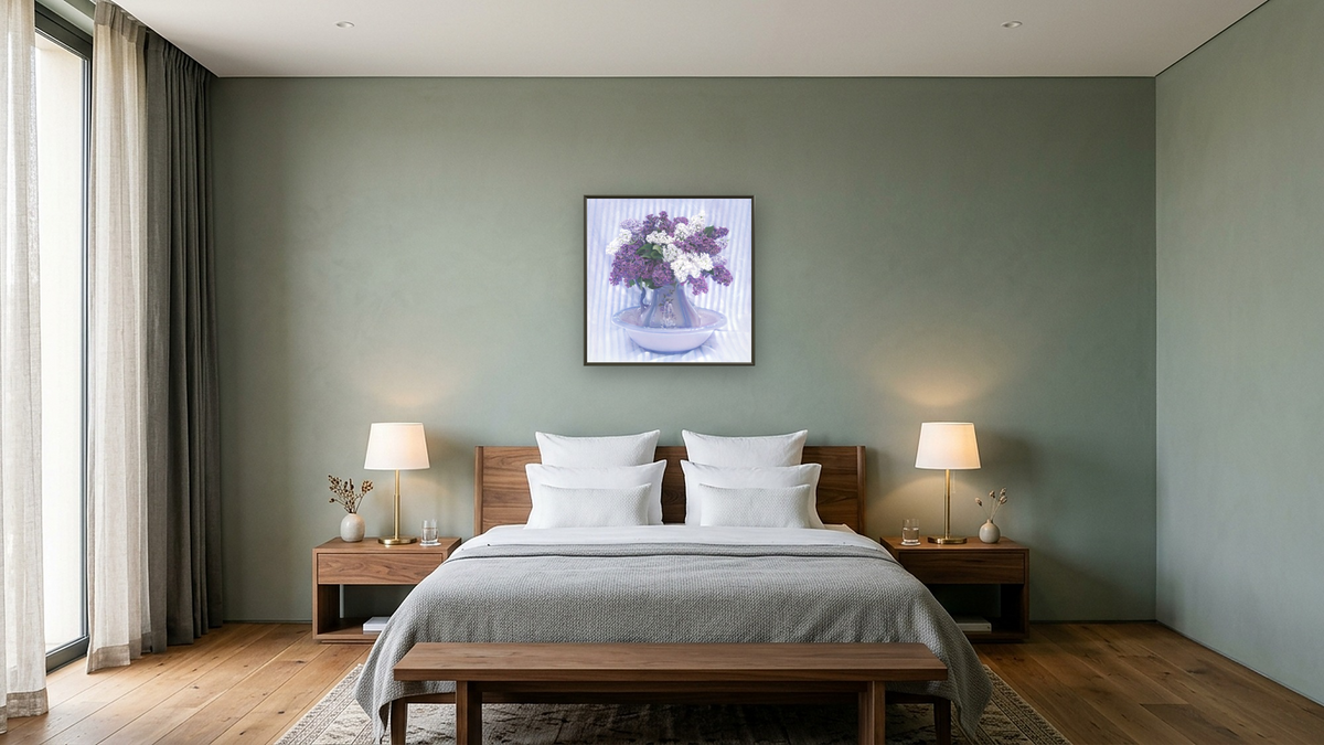 Lilacs by Kirsten Söderlind, shown at 32 × 32 in (81.3 × 81.3 cm) on canvas in Ramino Satin Black, hotel guest room