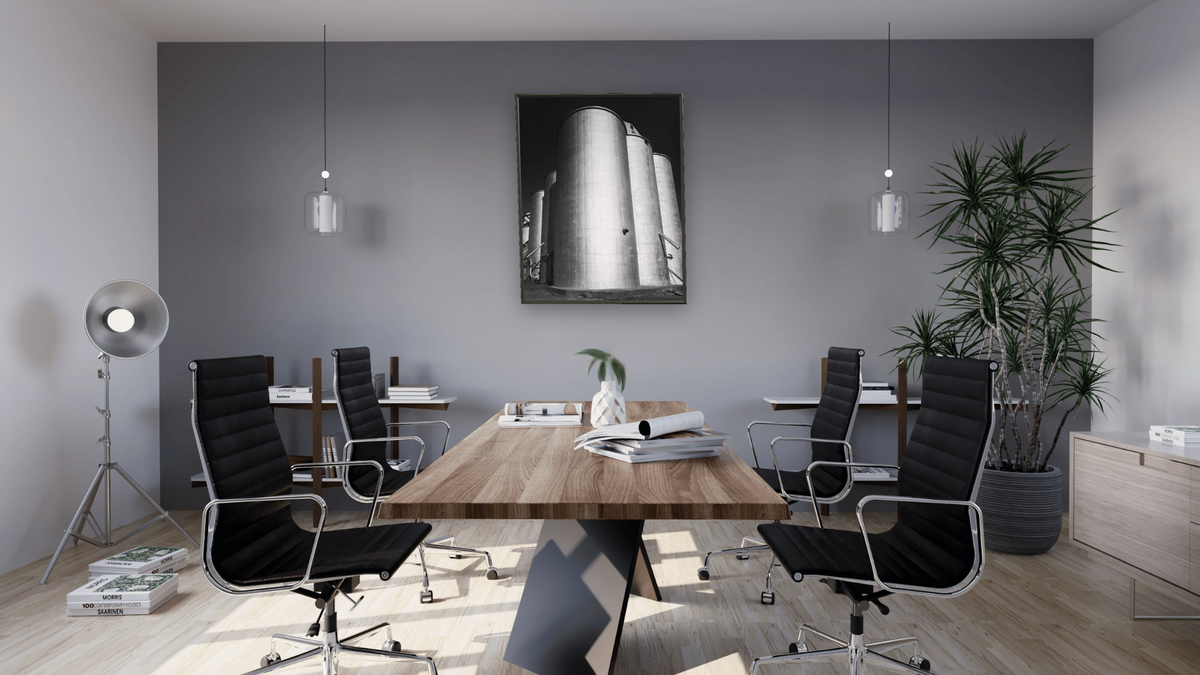 Arbuckle Warehouse #3 by Gordon Osmundson, shown at 32 × 40 in (81.3 × 101.6 cm) on canvas in Ramino Satin Black, boardroom