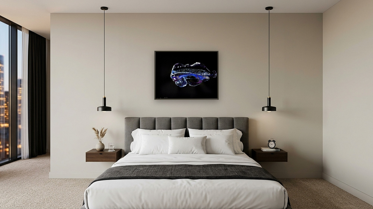 Flounder 2 by Alexis Rockman, shown at 30 × 40 in (76.2 × 101.6 cm) on canvas in Ramino Satin Black, hotel guest room