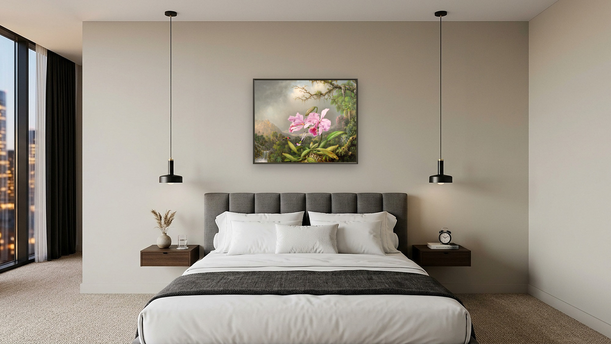 Study of an Orchid by Martin Johnson Heade, shown at 32 × 40 in (81.3 × 101.6 cm) on canvas in Ramino Satin Black, hotel guest room