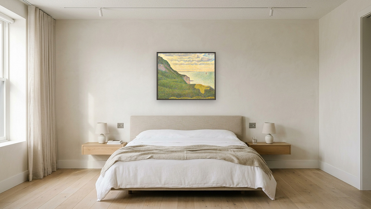 Seascape at Port-en-Bessin, Normandy by Georges Seurat, shown at 32 × 40 in (81.3 × 101.6 cm) on canvas in Ramino Satin Black, hotel guest room