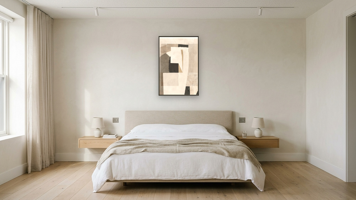 Amidst by Dan Hobday, shown at 28 × 42 in (71.1 × 106.7 cm) on canvas in Ramino Satin Black, hotel guest room