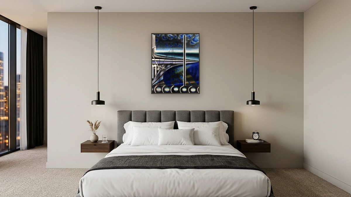 Metropolitan Port by Joseph Stella, shown at 32 × 40 in (81.3 × 101.6 cm) on canvas in Ramino Satin Black, hotel guest room