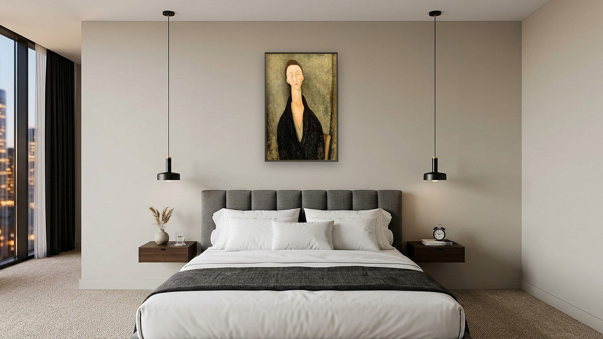 Portrait of Lunia Czechowska by Amedeo Modigliani, shown at 28 × 42 in (71.1 × 106.7 cm) on canvas in Ramino Satin Black, hotel guest room