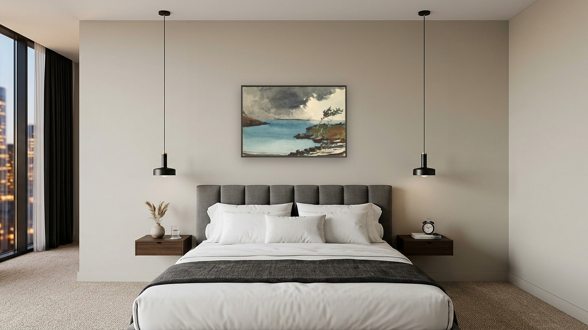 The Coming Storm by Winslow Homer, shown at 28 × 42 in (71.1 × 106.7 cm) on canvas in Ramino Satin Black, hotel guest room