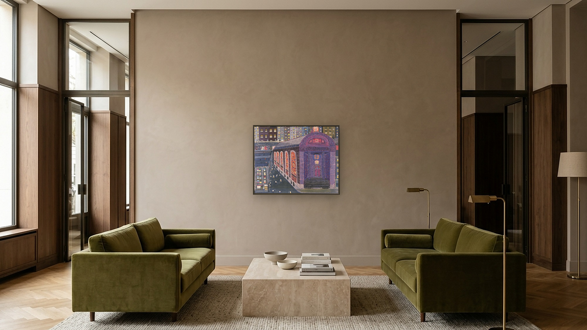 Purple Church by Ralph Fasanella, shown at 32 × 40 in (81.3 × 101.6 cm) on canvas in Ramino Satin Black, hotel lobby