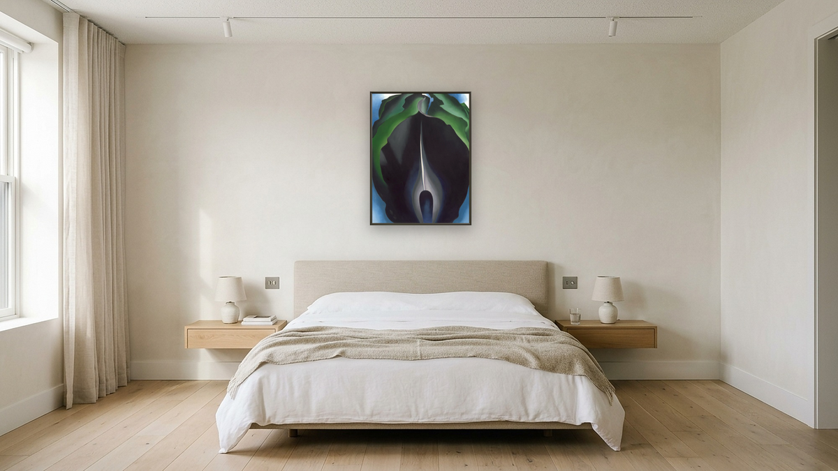 Jack-in-the-Pulpit No. IV by Georgia O'Keeffe, shown at 30 × 40 in (76.2 × 101.6 cm) on canvas in Ramino Satin Black, hotel guest room