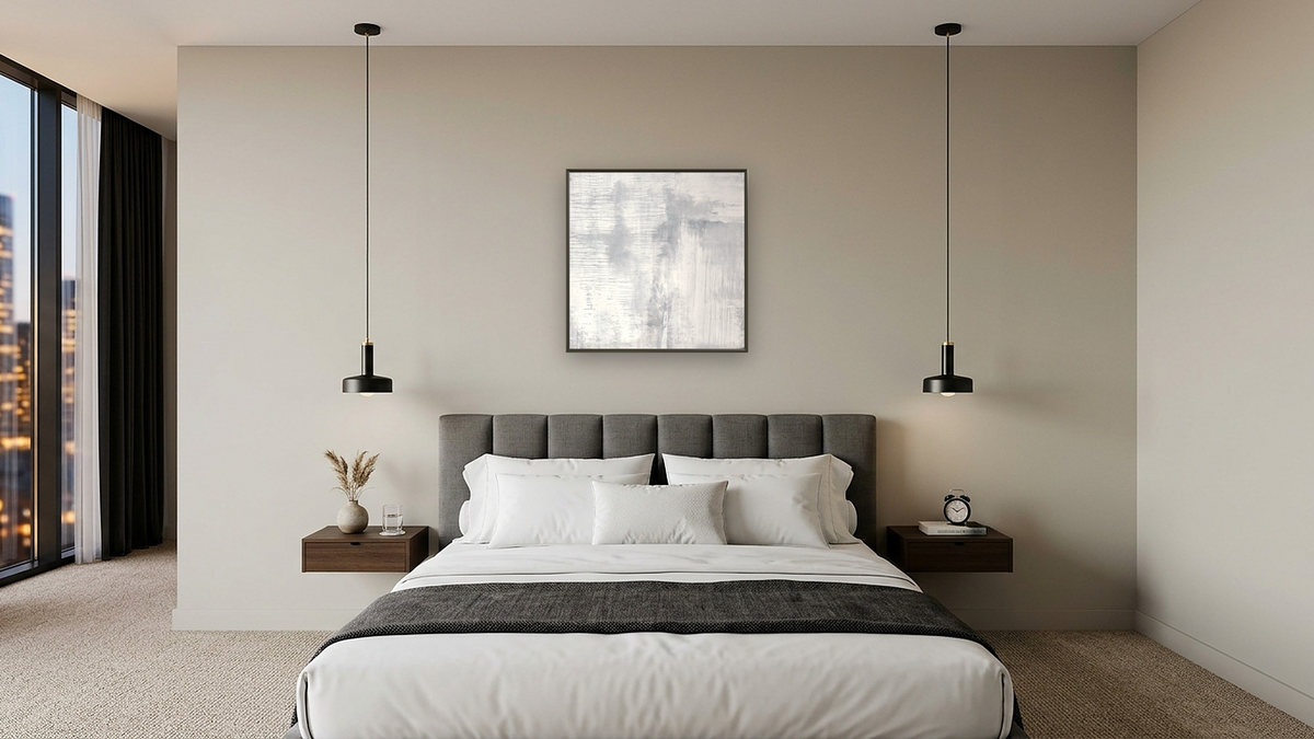 No. 222 by Michelle Oppenheimer, shown at 32 × 32 in (81.3 × 81.3 cm) on canvas in Ramino Satin Black, hotel guest room