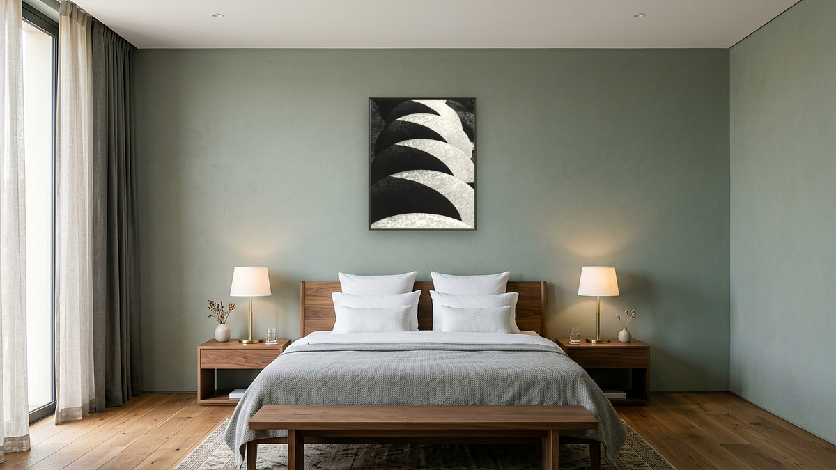 Farmer's Disk by Gordon Osmundson, shown at 32 × 40 in (81.3 × 101.6 cm) on canvas in Ramino Satin Black, hotel guest room