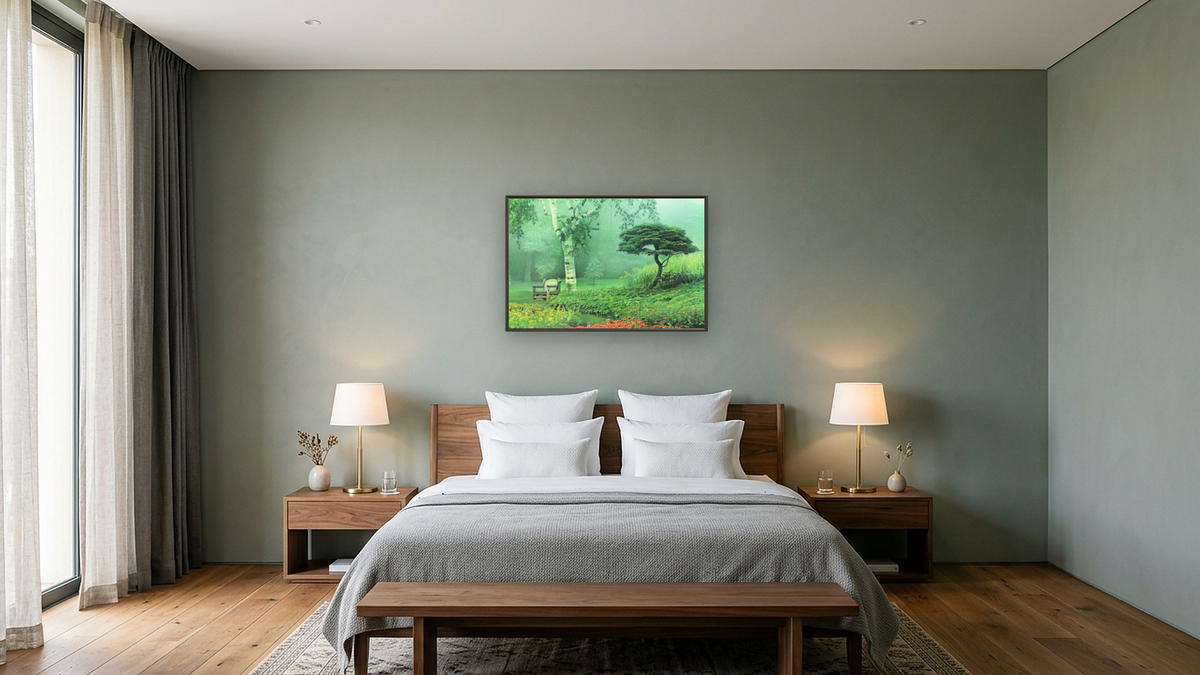 Misty Morning by Kirsten Söderlind, shown at 28 × 42 in (71.1 × 106.7 cm) on canvas in Ramino Satin Black, hotel guest room