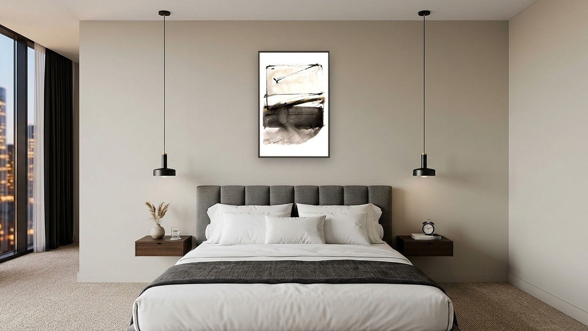 Country by Dan Hobday, shown at 28 × 42 in (71.1 × 106.7 cm) on canvas in Ramino Satin Black, hotel guest room
