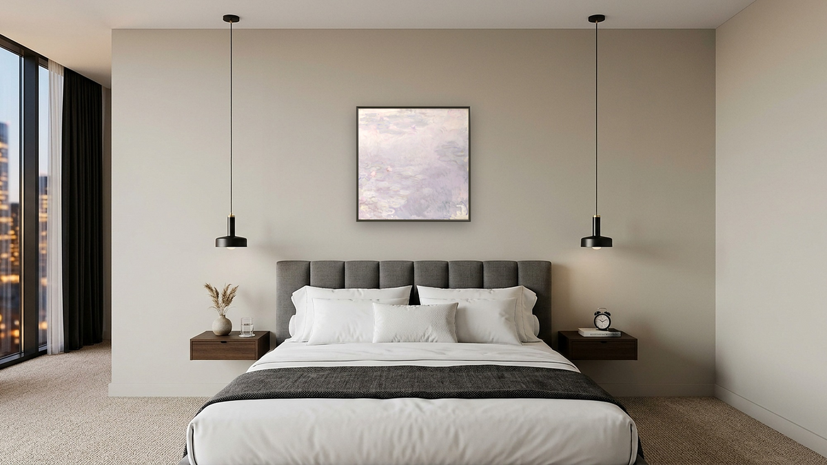 Pale Water Lilies by Claude Monet, shown at 32 × 32 in (81.3 × 81.3 cm) on canvas in Ramino Satin Black, hotel guest room
