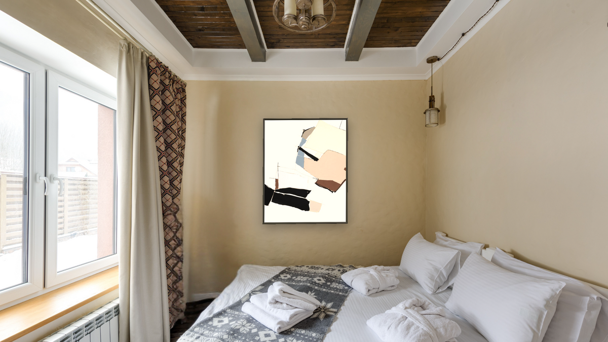 Mer Venteusse by Holly Addi, shown at 32 × 40 in (81.3 × 101.6 cm) on canvas in Ramino Satin Black, hotel guest room