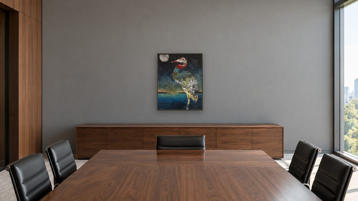 Heron by Corrina Leidy, shown at 32 × 40 in (81.3 × 101.6 cm) on canvas in Ramino Satin Black, boardroom