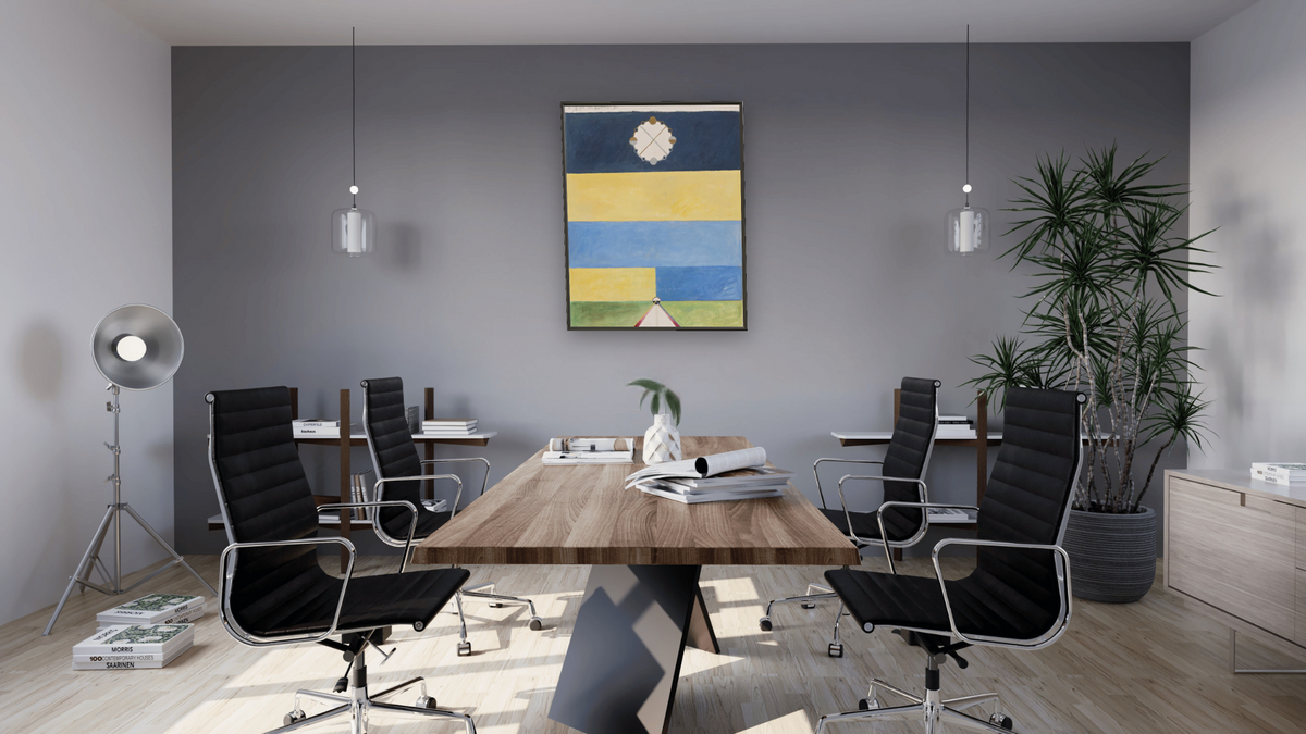 Series VII, No. 3, Appendix d. by Hilma af Klint, shown at 32 × 40 in (81.3 × 101.6 cm) on canvas in Ramino Satin Black, boardroom