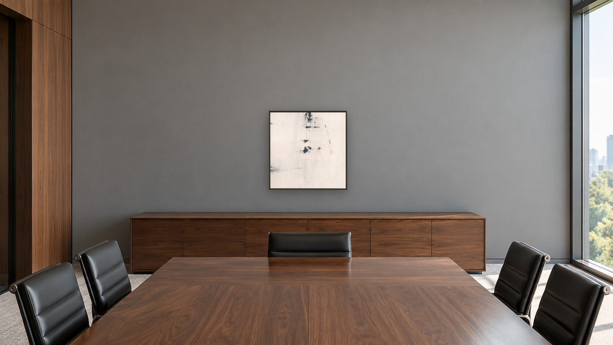 No. 224 by Michelle Oppenheimer, shown at 32 × 32 in (81.3 × 81.3 cm) on canvas in Ramino Satin Black, boardroom
