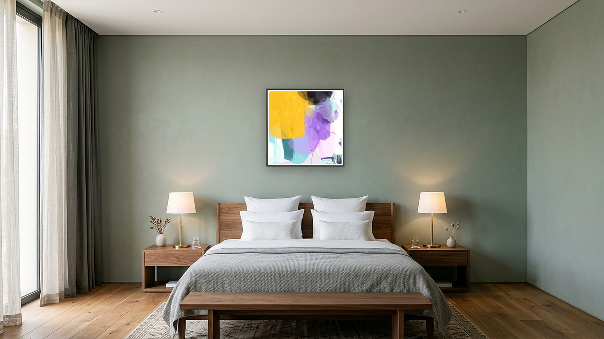 Candy Pop 3 by Nino Yuniardi, shown at 32 × 32 in (81.3 × 81.3 cm) on canvas in Ramino Satin Black, hotel guest room
