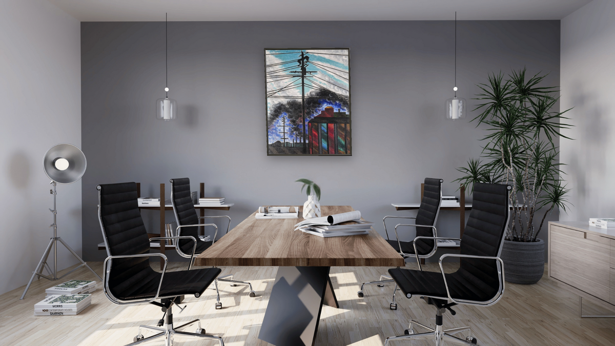 Telegraph Poles with Buildings by Joseph Stella, shown at 32 × 40 in (81.3 × 101.6 cm) on canvas in Ramino Satin Black, boardroom
